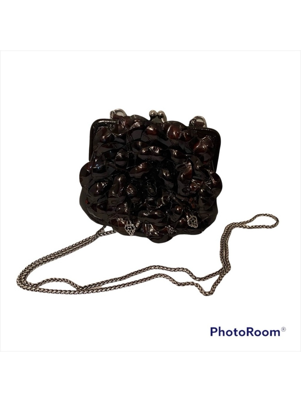 BRIGHTON BAG MINI CROSSBODY CLUTCH BROWN ROSETTE LEATHER SILVER CHAIN STRAP